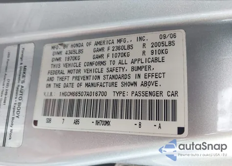 2007 Honda Accord 3.0 Ex z USA, uszkodzony, nr VIN 1HGCM66507A016700